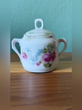 Vintage Germany Porcelain Floral Covered Jar Pink Roses Small Vanity Trinket 3”